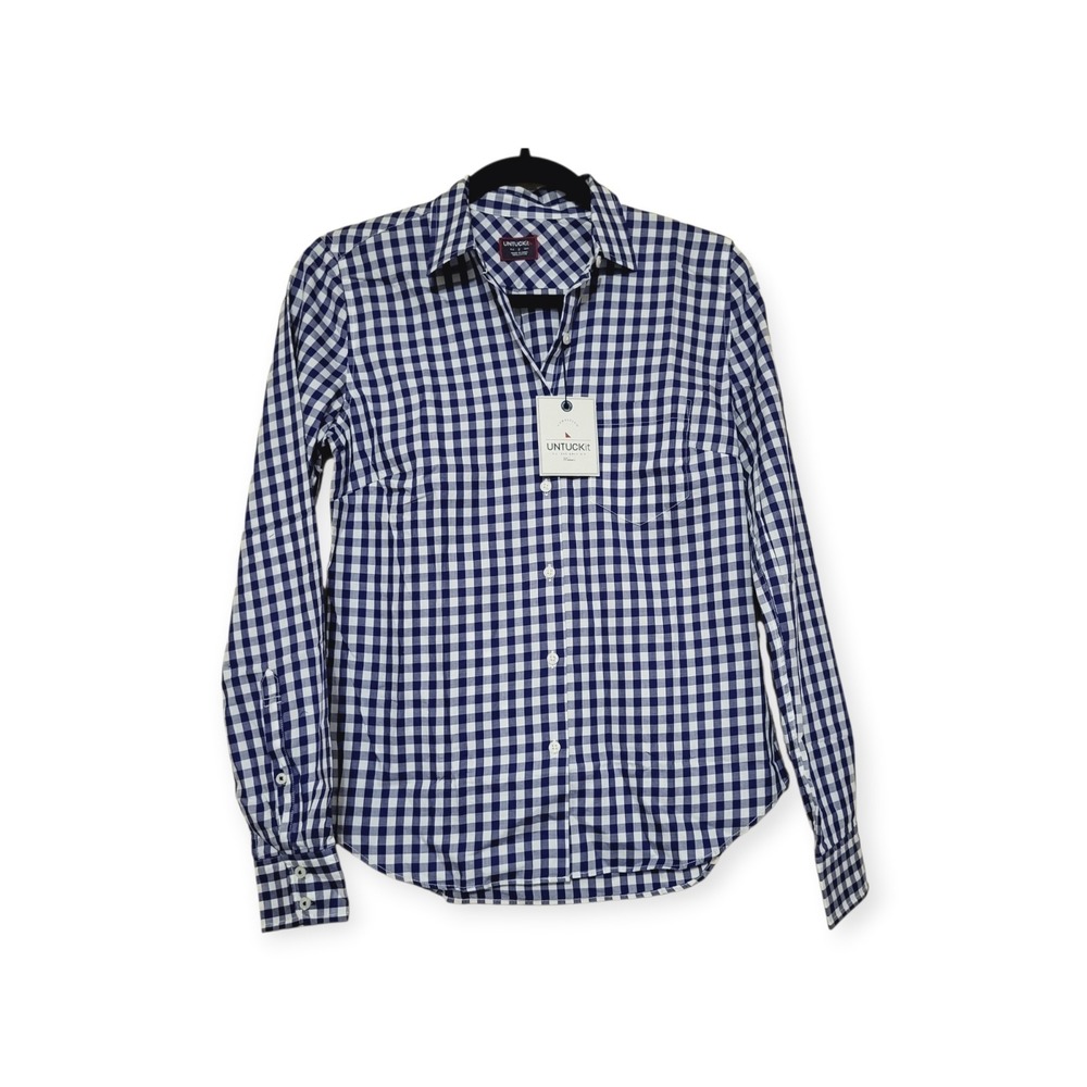 UNTUCKit 8 NWT BELLEZA Navy - Cotton Check Button-Up Shirt Lightweight - Spring - Picture 7 of 7